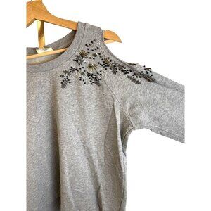 Anthropologie Deletta Cold Shoulder Beaded Embellished Grey Sweatshirt Sz PS EUC